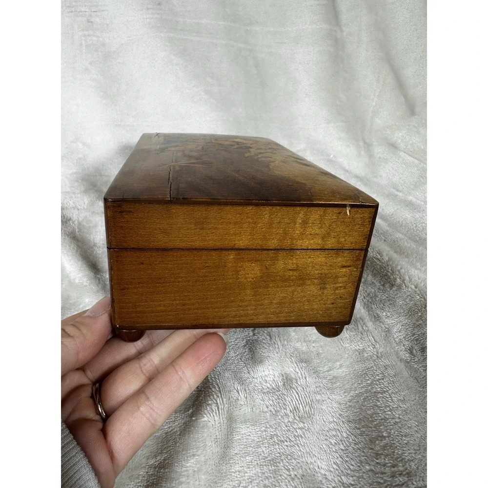 Vtg Cuendet Wood Marquetry Inlay Music Box Swiss Mountain Lake Scene ( WORKS )